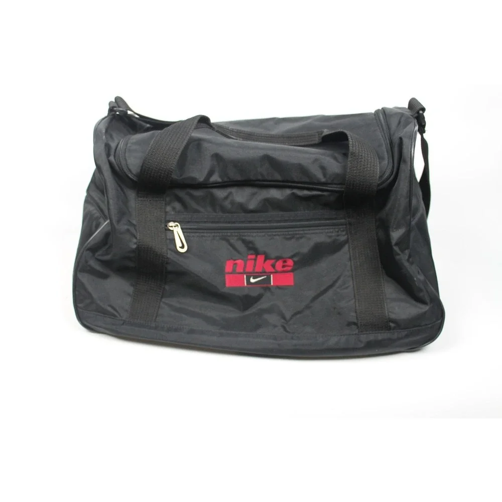 VINTAGE 90's NIKE Duffle Gym Sports Bag SWOOSH Embroidered BLACK / Red Logo y2k